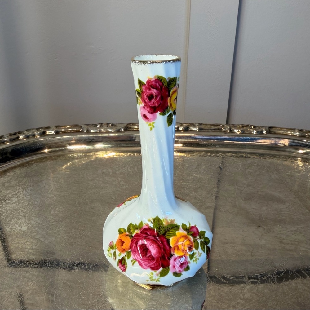 Floral Porcelain Bud Bone China Vase - White with Pink & Yellow Roses 5”